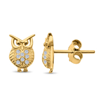 Lucky Owl Stud Earrings Round Pave Yellow Tone, Simulated CZ 925 Sterling Silver